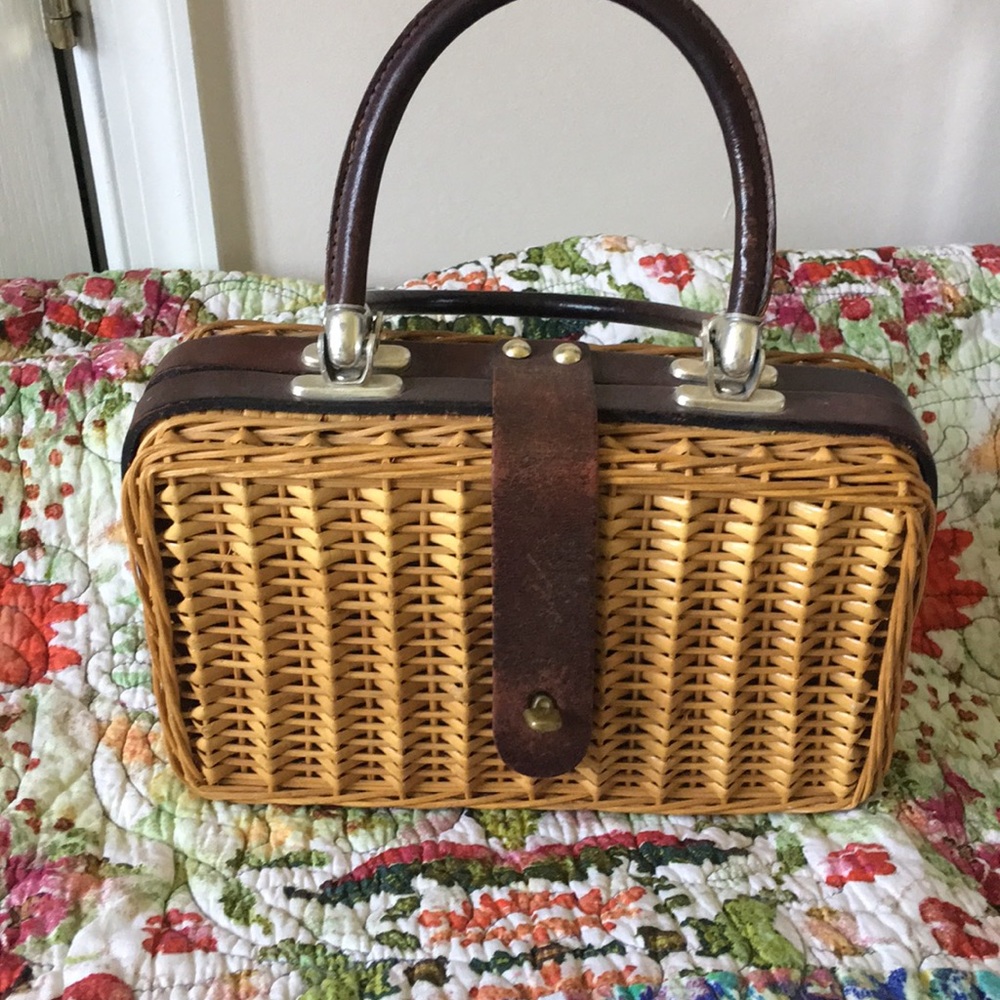 Vintage Leather Trimmed Wicker Bag Purse